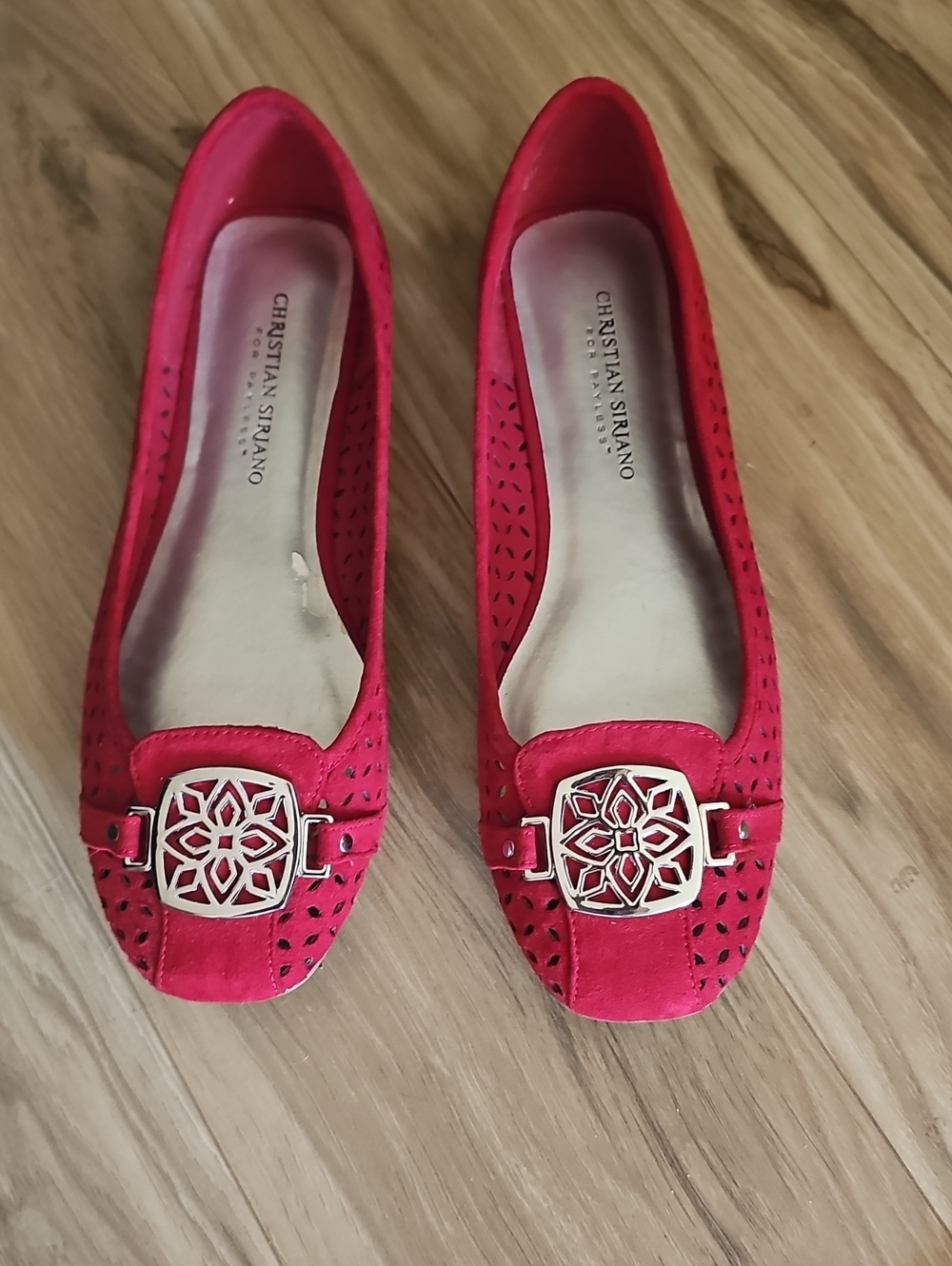 Christian Siriano Red Suede Loafers with Gold Medallion